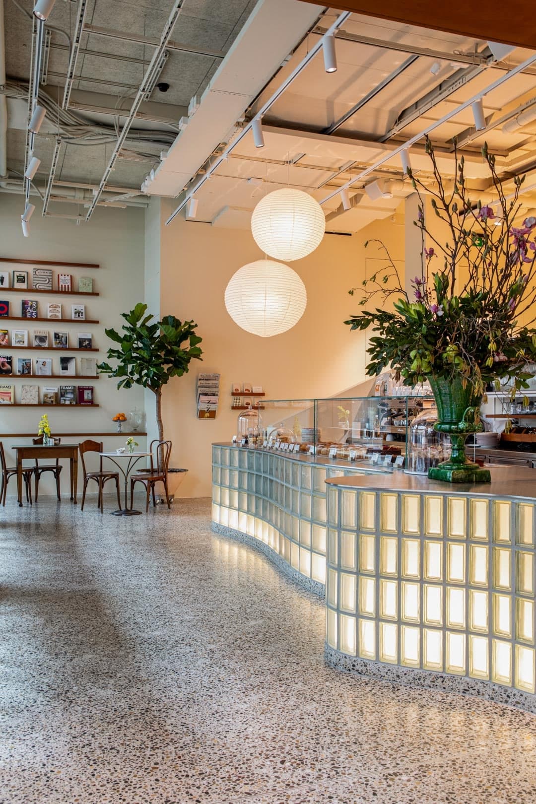 Die geschwungene Theke aus Glasbausteinen bei Babu's in Zürich, darüber zwei Papierlampen, daneben ein Feigenbaum und ein grosser Blumenstrauss