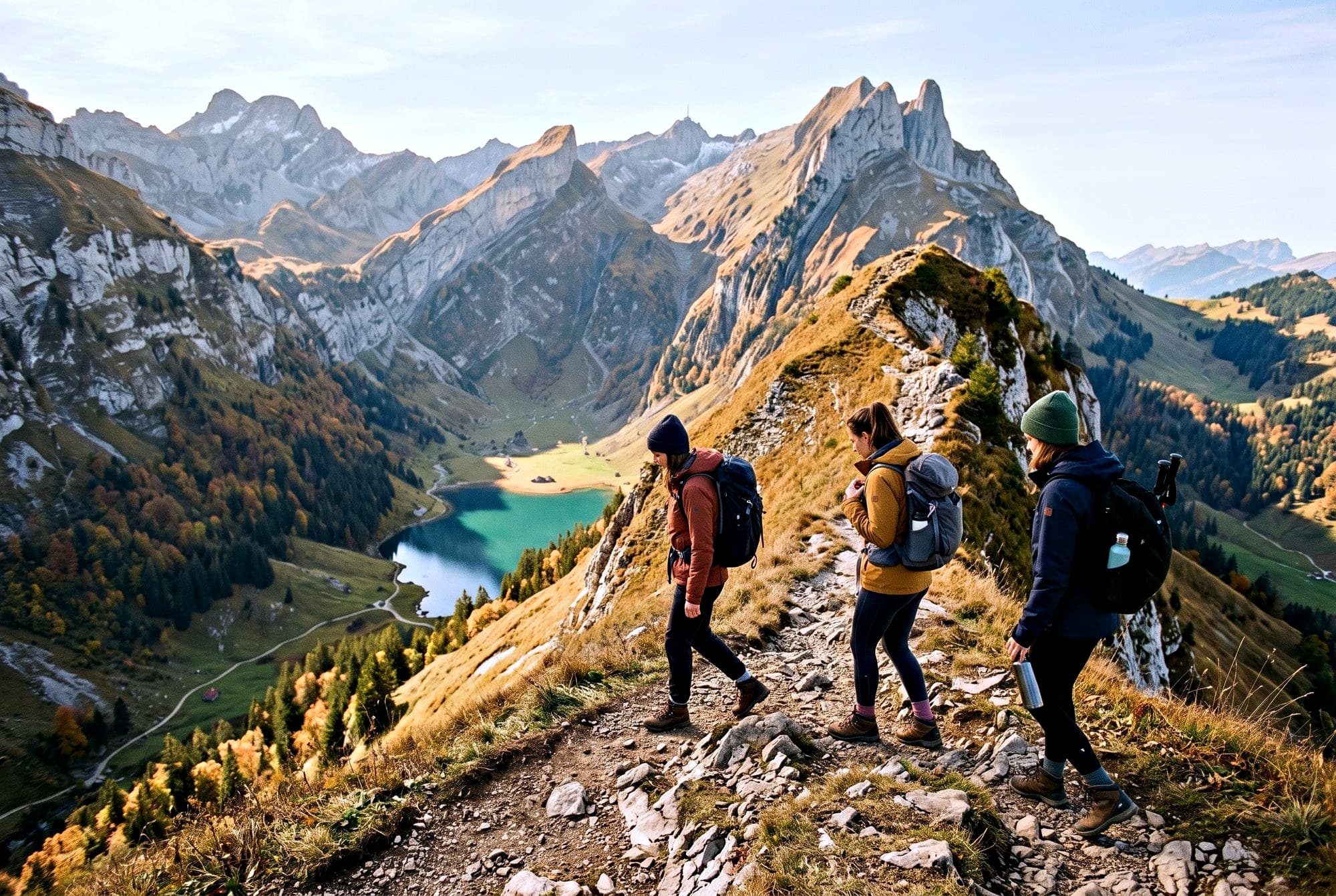 Drei Frauen auf einem Gratweg im Alpstein, unten leuchtet ein türkisfarbener Bergsee im Oktoberlicht