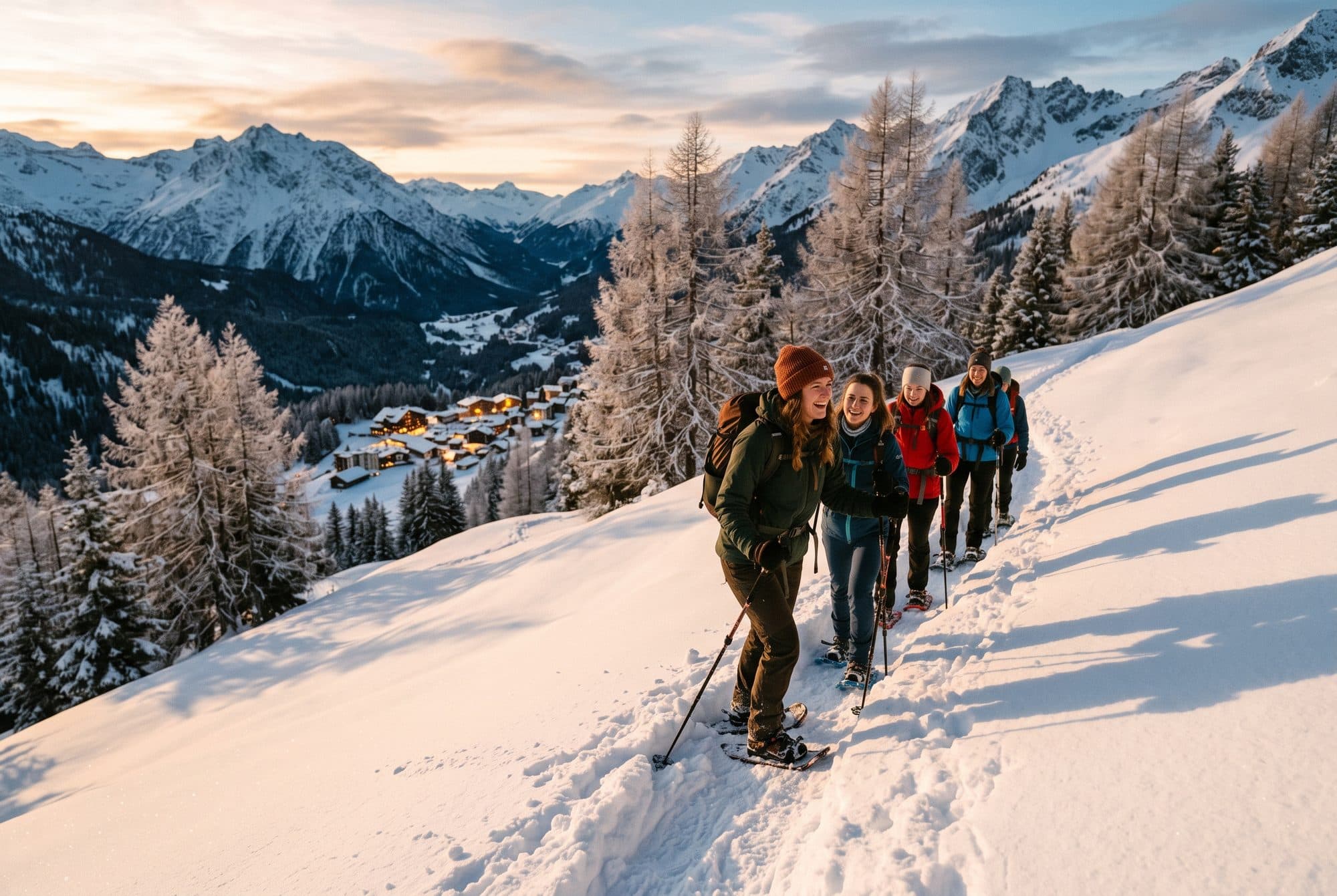 Frauen auf Schneeschuhwanderung im tiefen Schnee über Arosa im weichen Abendlicht