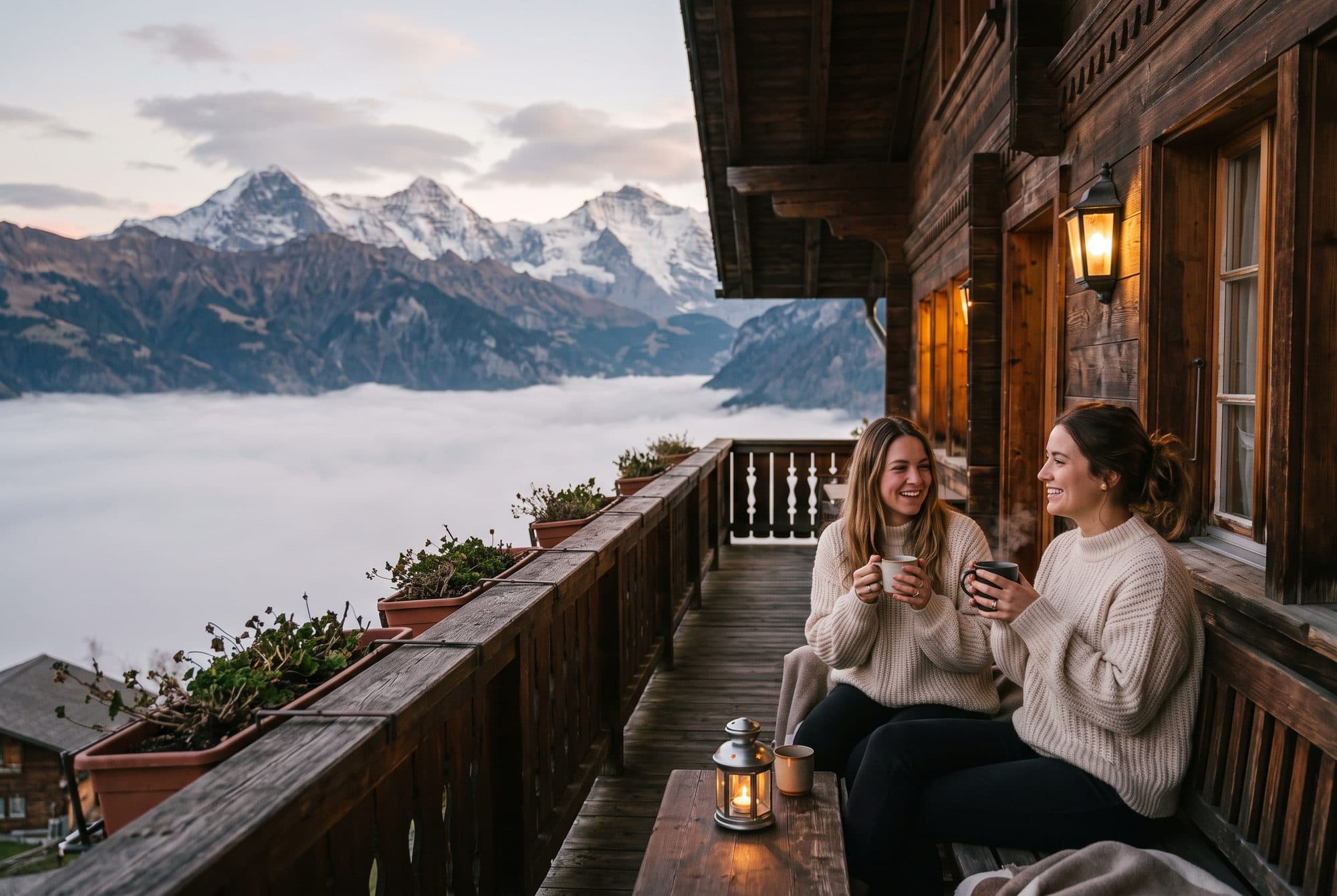 Zwei Frauen mit Teetassen auf dem Holzbalkon eines Berghauses über dem Nebelmeer in Braunwald