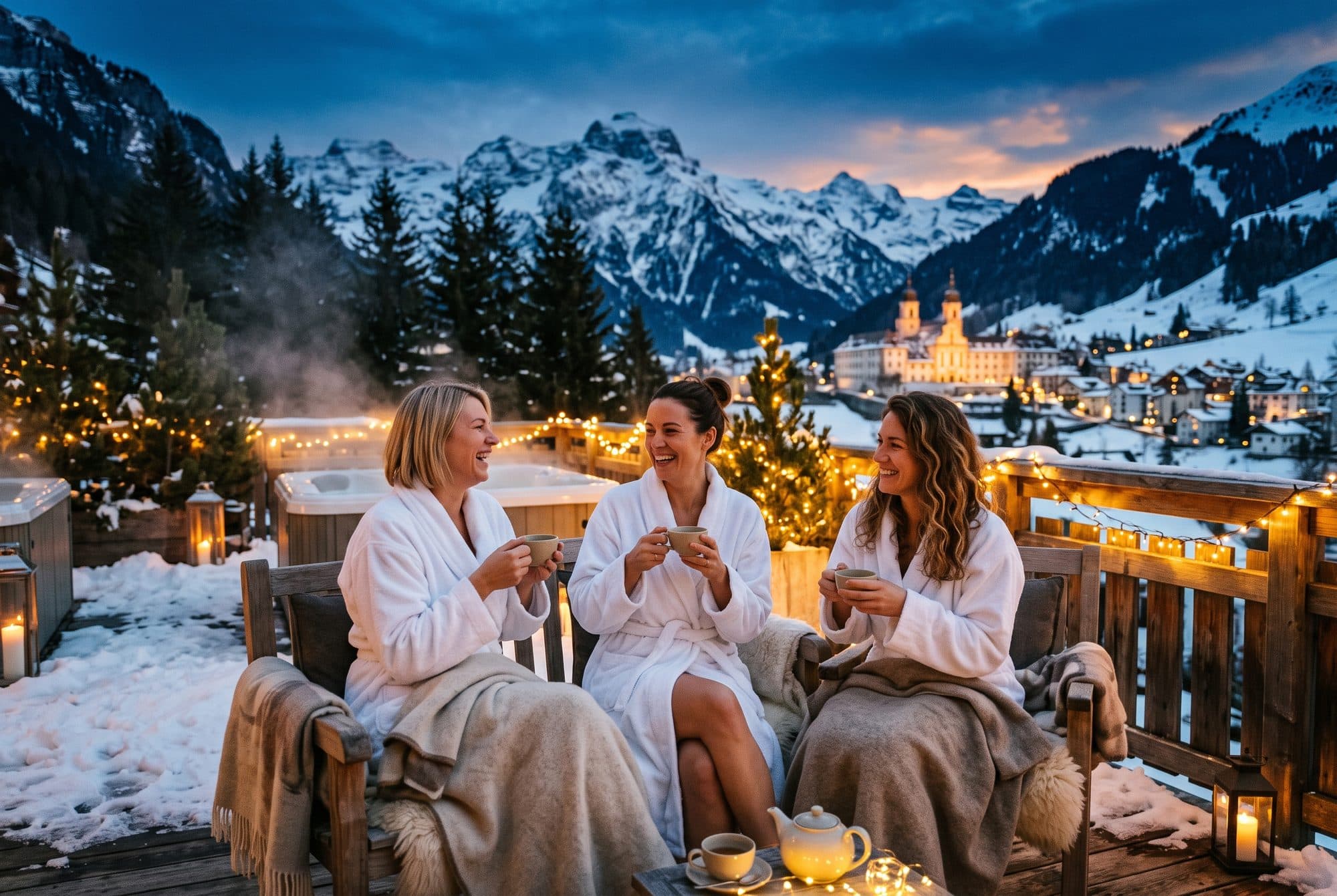 Frauen im Bademantel bei Tee auf der verschneiten Spa-Terrasse in Engelberg in der Abenddämmerung