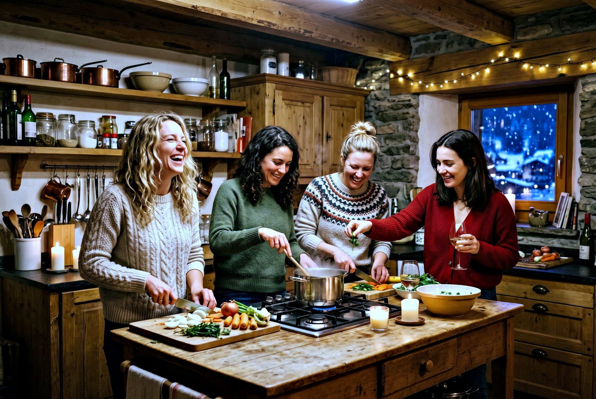 Frauen kochen zusammen in einer warmen Chalet-Küche am Flumserberg, draussen liegt Schnee