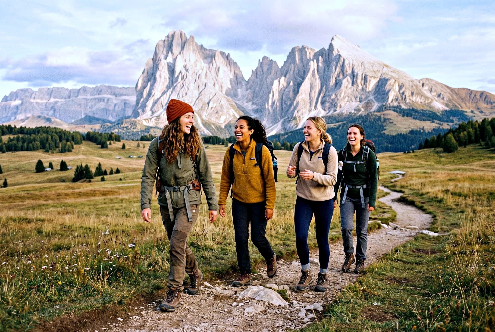 Frauen wandern im Oktoberlicht über die Seiser Alm, hinter ihnen die Felstürme der Dolomiten