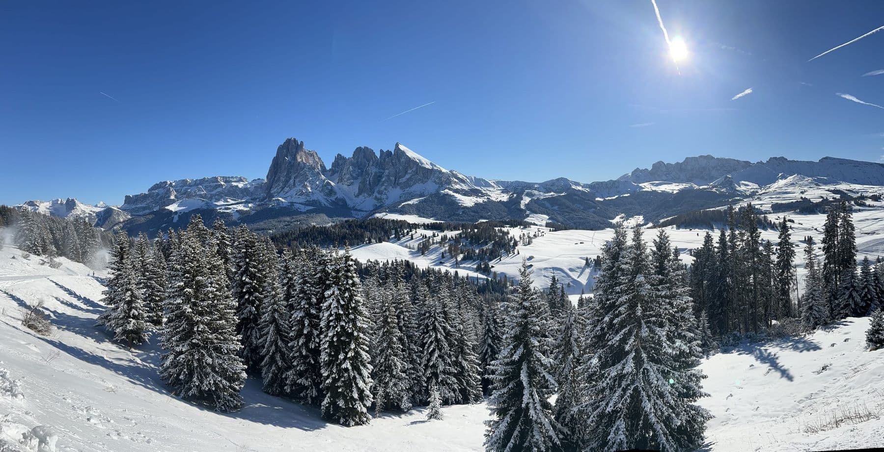 Verschneiter Wald auf der Seiser Alm im Sonnenlicht