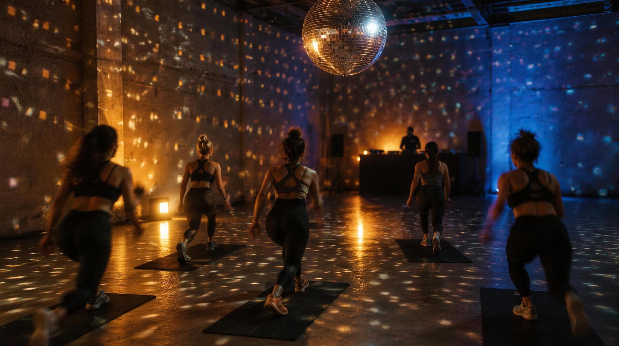 Ein dunkler Studioraum bei Nacht, eine Spiegelkugel wirft Lichtflecken über Wände und Boden, fünf Frauen trainieren auf Matten, im Hintergrund ein DJ.